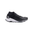 Introducing the Meta XR v2 Shoes by Crown Kiwi Enterprises Limited: sleek black athletic trail running shoes featuring high ankle support and thick, rugged soles for superior grip. These shoes have a lace-up design with contrasting white accents, making them ideal for off-road running.
