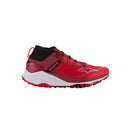 The Meta XR v2 Shoes by Crown Kiwi Enterprises Limited boast vibrant red hues, tailored specifically for off-road running. Designed for all-day comfort, these trail running shoes feature black accents and durable soles. The intricate design elements beautifully complement the Meta XR v2 branding on the sides, all presented against a plain white background.