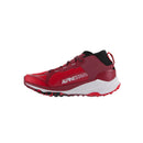 The Meta XR v2 Shoes by Crown Kiwi Enterprises Limited boast vibrant red hues, tailored specifically for off-road running. Designed for all-day comfort, these trail running shoes feature black accents and durable soles. The intricate design elements beautifully complement the Meta XR v2 branding on the sides, all presented against a plain white background.