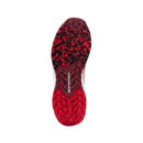 The Meta XR v2 Shoes by Crown Kiwi Enterprises Limited boast vibrant red hues, tailored specifically for off-road running. Designed for all-day comfort, these trail running shoes feature black accents and durable soles. The intricate design elements beautifully complement the Meta XR v2 branding on the sides, all presented against a plain white background.