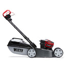 The Victa Corvette Twin 18" 18V Lawnmower - Kit features a sleek design with a black and red finish, complemented by a plastic grass collection bag at the rear. It includes a handlebar for easy pushing and four wheels for smooth maneuverability. Powered by Briggs & Stratton Batteries with advanced brushless motor technology, the mower proudly displays the "Victa" brand name on the side of its deck.