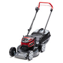 The Victa Corvette Twin 18" 18V Lawnmower - Kit features a sleek design with a black and red finish, complemented by a plastic grass collection bag at the rear. It includes a handlebar for easy pushing and four wheels for smooth maneuverability. Powered by Briggs & Stratton Batteries with advanced brushless motor technology, the mower proudly displays the "Victa" brand name on the side of its deck.