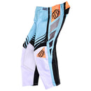 The Troy Lee Designs YOUTH GP PRO PANT WAVEZ BLEACHED AQUA features a vibrant geometric design in light blue, white, black, and orange panels, crafted from durable 600D polyester.
