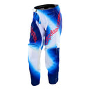 The Troy Lee Designs YOUTH GP PRO PANT LUCID WHITE / BLUE features a blue and white gradient, red "Troy Lee Designs" logos on the thighs, a black waistband, and is made from durable 600D polyester.