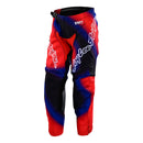 The Troy Lee Designs YOUTH GP PRO PANT LUCID BLACK / RED features "Troy Lee Designs" in white script on the legs, durable 600D polyester, knee panels, and a buckle waist closure.