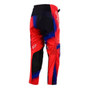 The Troy Lee Designs YOUTH GP PRO PANT LUCID BLACK / RED features "Troy Lee Designs" in white script on the legs, durable 600D polyester, knee panels, and a buckle waist closure.