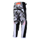 The Troy Lee Designs YOUTH GP PRO PANT BLENDS CAMO BLACK / WHITE features white and gray stretch panels, a waist belt, and "DICE DIVINE" logo on the right leg. Made from durable 600D polyester, shown upright on a white background.