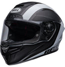 Side view of the Bell RACE STAR DLX FLEX Tantrum 2 Black/White helmet with a clear visor. The helmet boasts a sleek design with aerodynamic contours, Velocity Flow Ventilation, and a textured pattern on the top and sides. A Carbon Fiber Shell ensures durability, while the BELL logo is prominently displayed.