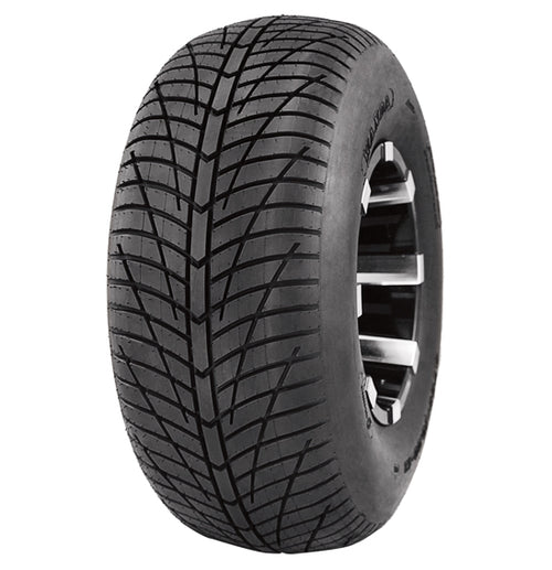 A close-up image of the Wanda P354 - Turf / ATV Hard Terrain tire by WANDA, showcasing its directional tread pattern in detail. The tread features grooves and sipes for enhanced traction and low rolling resistance. The tire is mounted on a chrome wheel with a multi-spoke design, engineered for maximum acceleration.