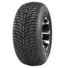 A close-up image of the Wanda P354 - Turf / ATV Hard Terrain tire by WANDA, showcasing its directional tread pattern in detail. The tread features grooves and sipes for enhanced traction and low rolling resistance. The tire is mounted on a chrome wheel with a multi-spoke design, engineered for maximum acceleration.