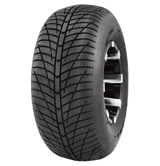 A close-up image of the Wanda P354 - Turf / ATV Hard Terrain tire by WANDA, showcasing its directional tread pattern in detail. The tread features grooves and sipes for enhanced traction and low rolling resistance. The tire is mounted on a chrome wheel with a multi-spoke design, engineered for maximum acceleration.