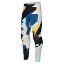 The THOR MX PANTS SPORT BRAVE BLUE are racewear essentials featuring abstract patterns in blue, yellow, black, and white. These colorful motocross pants are designed for unrestricted mobility, with the brand name "THOR" boldly printed on the side to enhance athletic performance.