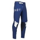 The THOR PANTS SPORT STRIKE NAVY, designed by THOR MX, feature a sleek navy design with white and black accents that ensure unrestricted mobility. The brand name "THOR" is prominently displayed on the right thigh in white letters. Crafted for athletic performance, these pants incorporate reinforced knee areas and a secure white buckle at the waist.