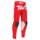 The THOR PANTS SPORT RIOT BLACK/RED by THOR MX offer a striking design with black, red, and white accents and a stylish logo. These pants are perfect for embodying motocross culture, featuring padded knee sections and a fitted waistband to ensure durability and comfort during off-road biking or racing activities.