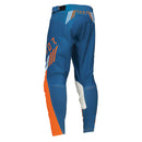 The THOR PANTS LAUNCH ZONE BLUE by THOR MX offer precision-fit comfort with their blue and orange poly stretch fabric, accented by white details. These motocross pants feature reinforced knee areas and ventilation for improved performance, incorporating a white wing-like logo and a white stripe pattern on the sides, exemplifying the LAUNCHMODE excellence.