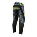 Youth motocross pants from THOR MX's Sector Collection, featuring a camouflage pattern with black accents and yellow logo details, presented against a white background.