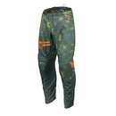 Introducing the THOR SECTOR DIGI PANTS YOUTH GREEN/CAMO by THOR MX: designed with a striking digital camouflage pattern and vibrant orange accents. These racewear pants are part of the Sector Collection, meticulously crafted for motocross riding. They feature robust materials and padded sections to ensure protection, while the brand logo is prominently displayed on the side.