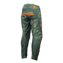 Introducing the THOR SECTOR DIGI PANTS YOUTH GREEN/CAMO by THOR MX: designed with a striking digital camouflage pattern and vibrant orange accents. These racewear pants are part of the Sector Collection, meticulously crafted for motocross riding. They feature robust materials and padded sections to ensure protection, while the brand logo is prominently displayed on the side.