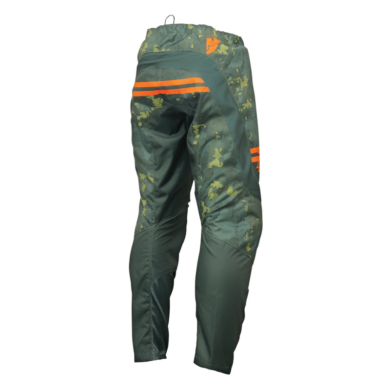 Introducing the THOR SECTOR DIGI PANTS YOUTH GREEN/CAMO by THOR MX: designed with a striking digital camouflage pattern and vibrant orange accents. These racewear pants are part of the Sector Collection, meticulously crafted for motocross riding. They feature robust materials and padded sections to ensure protection, while the brand logo is prominently displayed on the side.