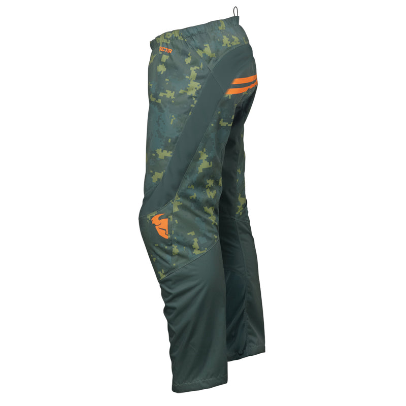 Introducing the THOR SECTOR DIGI PANTS YOUTH GREEN/CAMO by THOR MX: designed with a striking digital camouflage pattern and vibrant orange accents. These racewear pants are part of the Sector Collection, meticulously crafted for motocross riding. They feature robust materials and padded sections to ensure protection, while the brand logo is prominently displayed on the side.