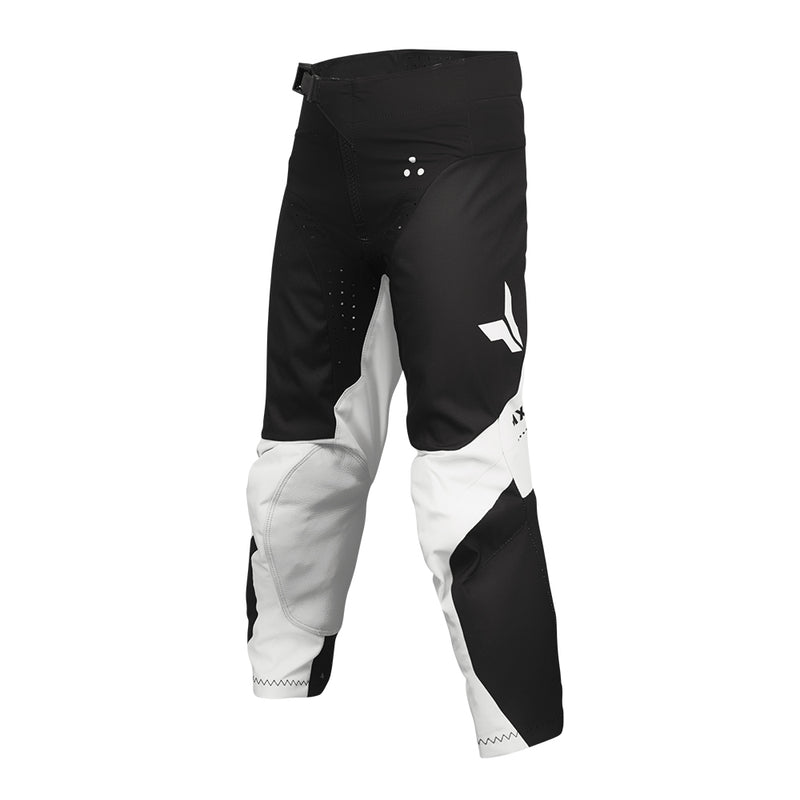 THOR MX presents the Launch Youth Storm Black pants, designed for motocross enthusiasts. These black and white pants feature "THOR" written vertically on the upper left thigh and are part of the esteemed Launch collection. They boast reinforced knee areas, durable full-grain leather accents, and a secure adjustable waistband, making them ideal for off-road biking and racing.