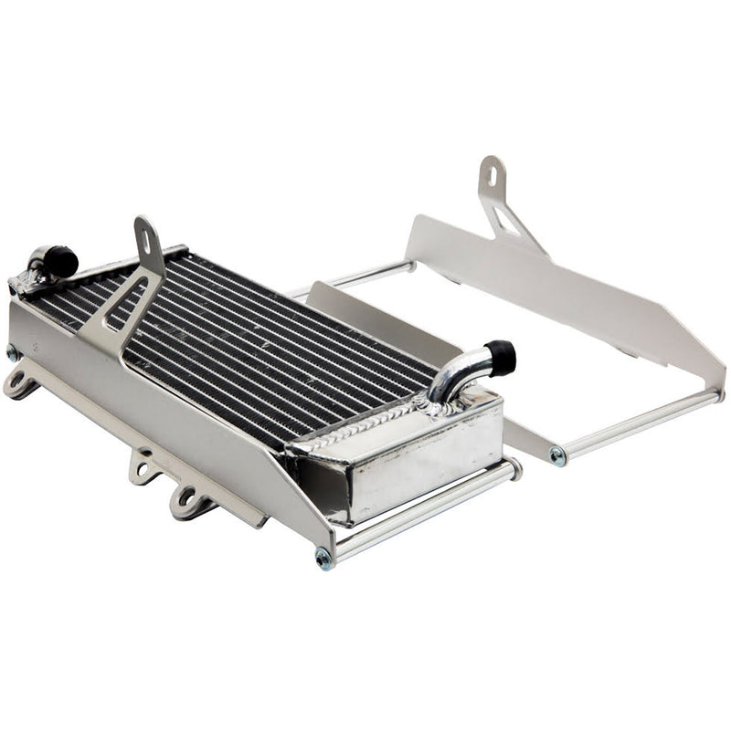 Image of a CROSSPRO Aluminum Radiator Guard, suited for BETA 250RR 300RR models from 2020 to 2023 and BETA 350RR, 390RR, 430RR, and 480RR models from 2020 to 2022. The radiator guard is shown with its robust design and mounting brackets against a white background, highlighting its protective fins and durable structure essential for cooling in motorcycle applications.