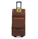 The OGIO TRUCKER Gear Bag - Stay Classy is a brown gear bag with an extended black handle, yellow and orange vertical stripes on the side, and a yellow OGIO logo. It is crafted from heavy-duty fabric, designed for carrying sports equipment, and features multiple straps and separate compartments.