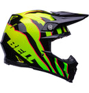 The Bell MOTO-9S FLEX Claw Gloss Black/Green is a vibrant, safety-focused motocross helmet with a striking design in black, green, and neon yellow. Featuring the brand "BELL" on the side, this helmet includes a visor and prominent air vents that showcase its aerodynamic and protective structure, making it ideal for off-road racing.