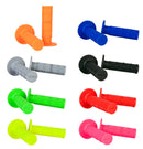An image showcasing nine pairs of motorcycle grips, each in a different color: orange, blue, gray, black, green, neon yellow, red, pink, and purple. The O'Neal MX PRO HALF WAFFLE Grips by ONEAL are made from medium compound material with a half waffle pattern for better handling on twist throttles and large flanges for added protection.