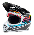 The Bell MOTO-9S FLEX Drift helmet by BELL, in Gloss Black/Multi, features vibrant red, blue, yellow, and orange stripes. It includes a pointed visor, side logo, aerodynamic design with chin guard, and efficient ventilation system for comfort-focused safety.