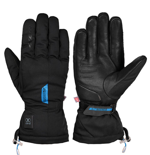 A pair of black Ixon IT YASUR Heated Winter Gloves by IXON, crafted from high-quality materials. They feature adjustable wrist straps and blue accents. The left glove includes a logo and text, while the right glove is designed with reinforced padding on the palm and fingers. Both gloves have drawstrings at the cuffs for a secure fit and are waterproof for added protection.