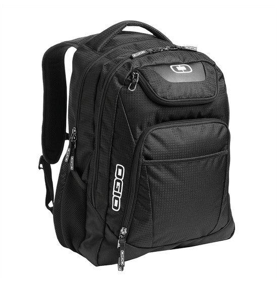 The Ogio EXCELSIOR Backpack - Black features dual main compartments, multiple zippers, and side mesh pockets. It is equipped with a top handle, padded shoulder straps, an ultra-padded air mesh back for comfort, and a quilted texture on the front with the OGIO logo prominently displayed.