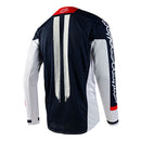 The Troy Lee Designs SE PRO JERSEY MARKER NAVY / RED features long sleeves, navy, white, and red colors, bold logos on the front and sleeve, white chest stripes, and red side accents—ideal racewear for elite motocross athletes.