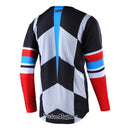 The Troy Lee Designs GP AIR JERSEY WARPED RED / BLACK is a lightweight, long-sleeved race jersey featuring black fabric, white geometric chest logo, and white, red, and blue sleeve stripes—ideal for warm weather with breathable materials.