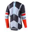The Troy Lee Designs GP AIR JERSEY WARPED CHARCOAL / ORANGE is a lightweight, ventilated race jersey ideal for warm weather, with a charcoal/ orange body, mesh polyester panels, and bold geometric and script logo accents.