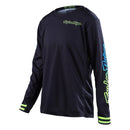 The Troy Lee Designs GP Jersey Mono in Black/Yellow/Cyan (Youth) is a lightweight black long-sleeve athletic jersey with neon yellow and cyan logos on the chest and left sleeve, plus neon striped cuffs.