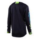 The Troy Lee Designs GP Jersey Mono in Black/Yellow/Cyan (Youth) is a lightweight black long-sleeve athletic jersey with neon yellow and cyan logos on the chest and left sleeve, plus neon striped cuffs.
