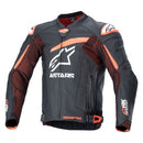 The GP Plus R v4 Rideknit Jacket by Crown Kiwi Enterprises Limited is a black and orange leather motorcycle jacket featuring "ASTARS" on the front. It offers race-proven protection and includes perforated panels for superior rider comfort, with distinctive white logo designs on the chest and sleeves.
