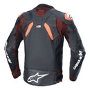 The GP Plus R v4 Rideknit Jacket by Crown Kiwi Enterprises Limited is a black and orange leather motorcycle jacket featuring "ASTARS" on the front. It offers race-proven protection and includes perforated panels for superior rider comfort, with distinctive white logo designs on the chest and sleeves.