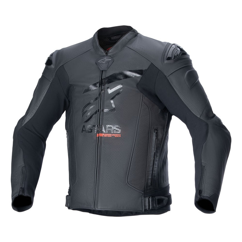 Introducing the GP Plus R v4 Airflow Jacket by Crown Kiwi Enterprises Limited: a sleek, black and dark gray motorcycle jacket with a sport fit design. It boasts reinforced shoulders and elbows for race-proven protection, a zipper closure, an embossed pattern on the chest, adjustable waist straps, and prominently displays the logo on the chest.