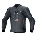 Introducing the GP Plus R v4 Airflow Jacket by Crown Kiwi Enterprises Limited: a sleek, black and dark gray motorcycle jacket with a sport fit design. It boasts reinforced shoulders and elbows for race-proven protection, a zipper closure, an embossed pattern on the chest, adjustable waist straps, and prominently displays the logo on the chest.