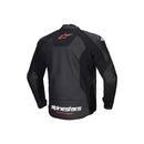 Black and red Faster v3 Leather Jacket by Crown Kiwi Enterprises Limited, featuring bold logos on the chest and sleeves. This design showcases a mix of matte and shiny textures, offering both abrasion resistance and stylish elements.