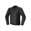 Experience the modern and stylish appeal of the Faster v3 Leather Jacket from Crown Kiwi Enterprises Limited. This black leather motorcycle jacket showcases sleek, angular design elements with superior abrasion resistance. It features long sleeves, a front zipper, and a subtle logo on both the chest and arm.