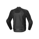 Experience the modern and stylish appeal of the Faster v3 Leather Jacket from Crown Kiwi Enterprises Limited. This black leather motorcycle jacket showcases sleek, angular design elements with superior abrasion resistance. It features long sleeves, a front zipper, and a subtle logo on both the chest and arm.
