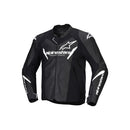 The Faster v3 Leather Jacket from Crown Kiwi Enterprises Limited is a black sports riding jacket made from premium leather, showcasing white graphics and lettering. It features long sleeves and a zip-up front, designed for abrasion resistance, protection, and style in motorsports.