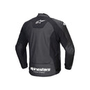 The Faster v3 Leather Jacket from Crown Kiwi Enterprises Limited is a black sports riding jacket made from premium leather, showcasing white graphics and lettering. It features long sleeves and a zip-up front, designed for abrasion resistance, protection, and style in motorsports.