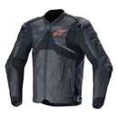 The black ALPINESTARS Atem v5 Leather Jacket features protective padding, reinforced shoulders and arms, subtle styling, a red and white chest logo, and a front zipper for motorcycle safety.