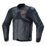The black ALPINESTARS Atem v5 Leather Jacket features protective padding, reinforced shoulders and arms, subtle styling, a red and white chest logo, and a front zipper for motorcycle safety.