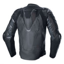The black ALPINESTARS Atem v5 Leather Jacket features protective padding, reinforced shoulders and arms, subtle styling, a red and white chest logo, and a front zipper for motorcycle safety.