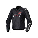 Introducing the sleek Stella Faster v3 Jacket by Crown Kiwi Enterprises Limited, a black sport riding jacket accented with white and red. It prominently features the brand's name and logo on the chest and sleeves, offering optimal abrasion resistance for your ultimate riding experience.